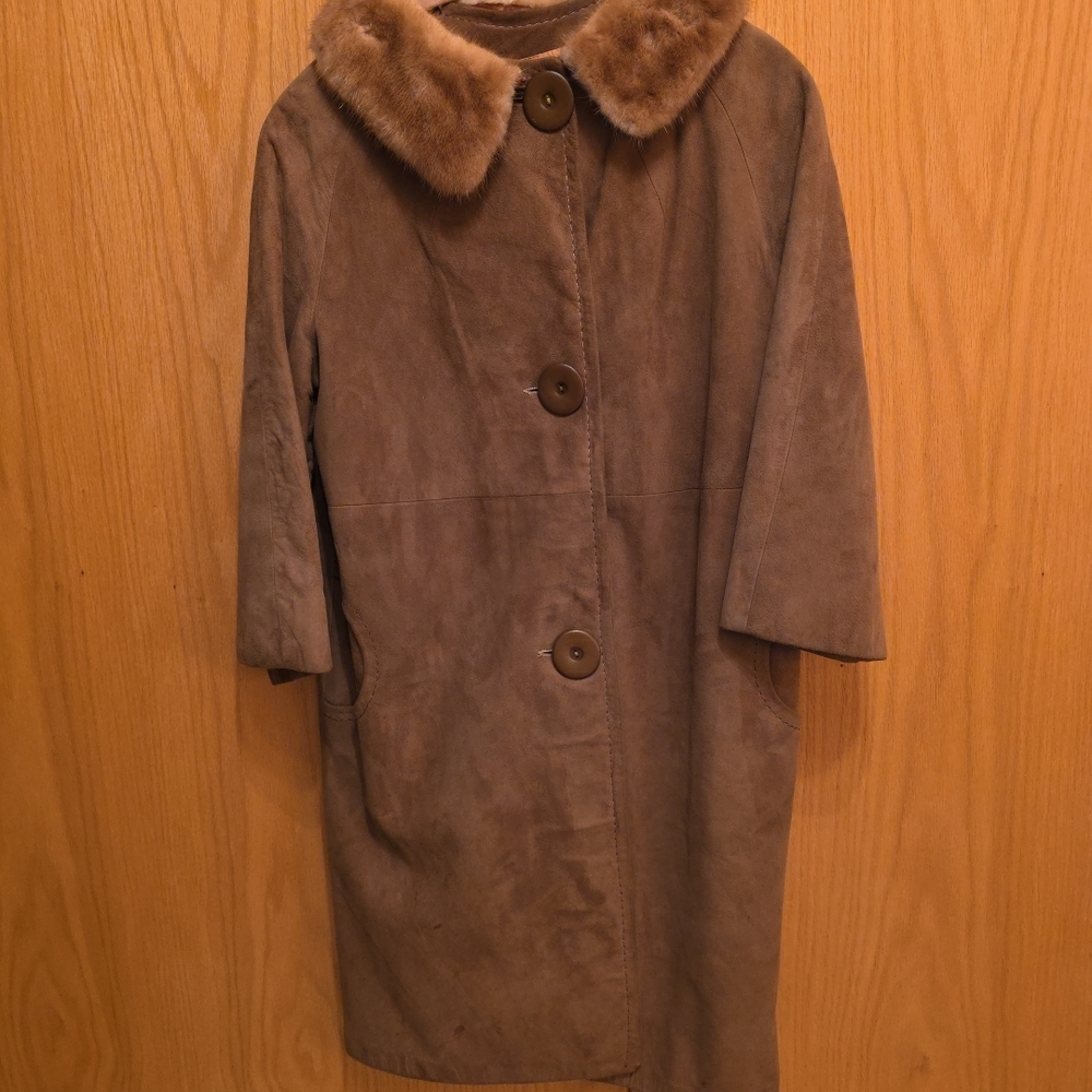 Vintage Suede Leather Coat With Mink Collar Beautiful Soft Sz S/M